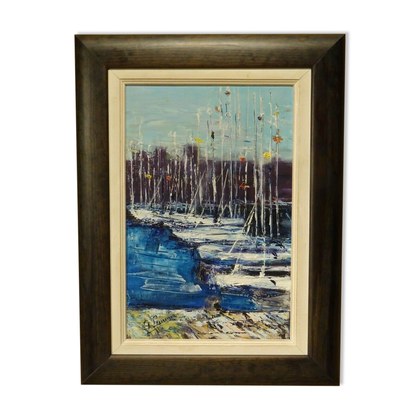 Oil painting on marine canvas sailing port Ginette Miraillet