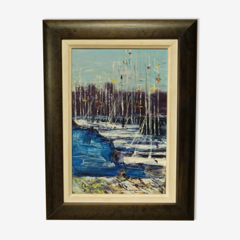 Oil painting on marine canvas sailing port Ginette Miraillet