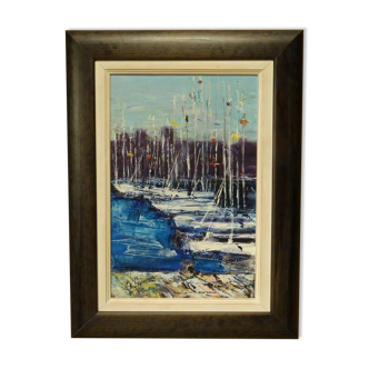 Oil painting on marine canvas sailing port Ginette Miraillet