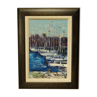 Peinture huile sur toile marine port voilier Ginette Miraillet