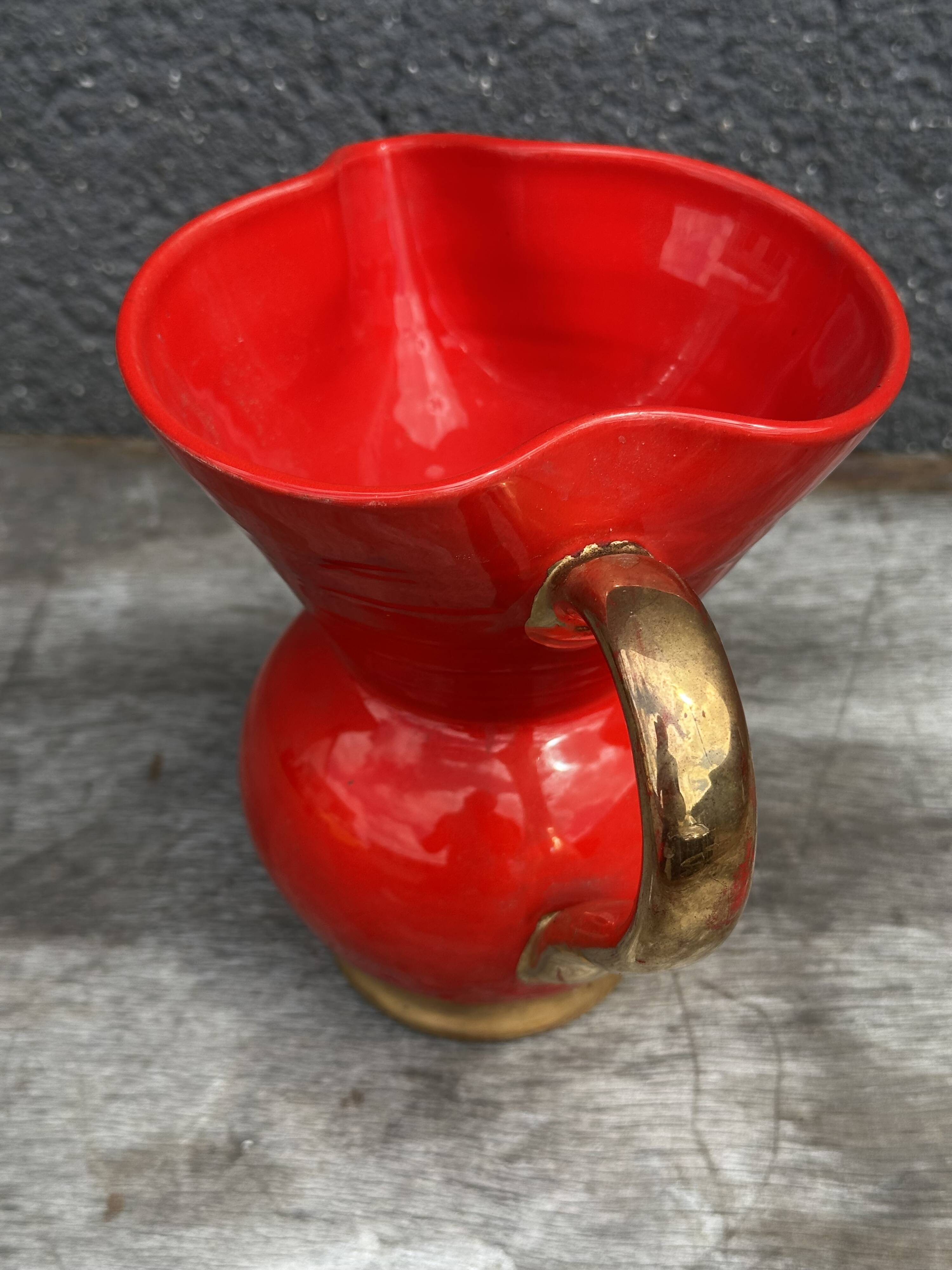 Red Pitcher Vase with Gold Accents Attributed to André Baud - Vallauris