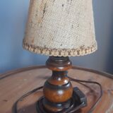 Bedside lamp wooden foot, clip jute lampshade, seventies