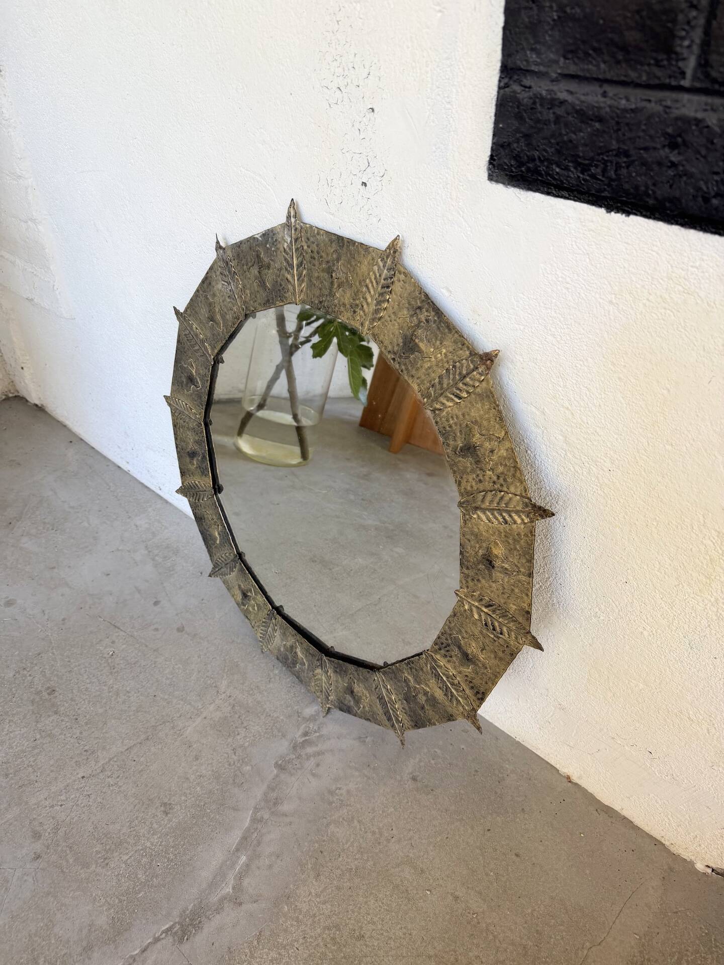 Brutalist round hammered gold metal mirror