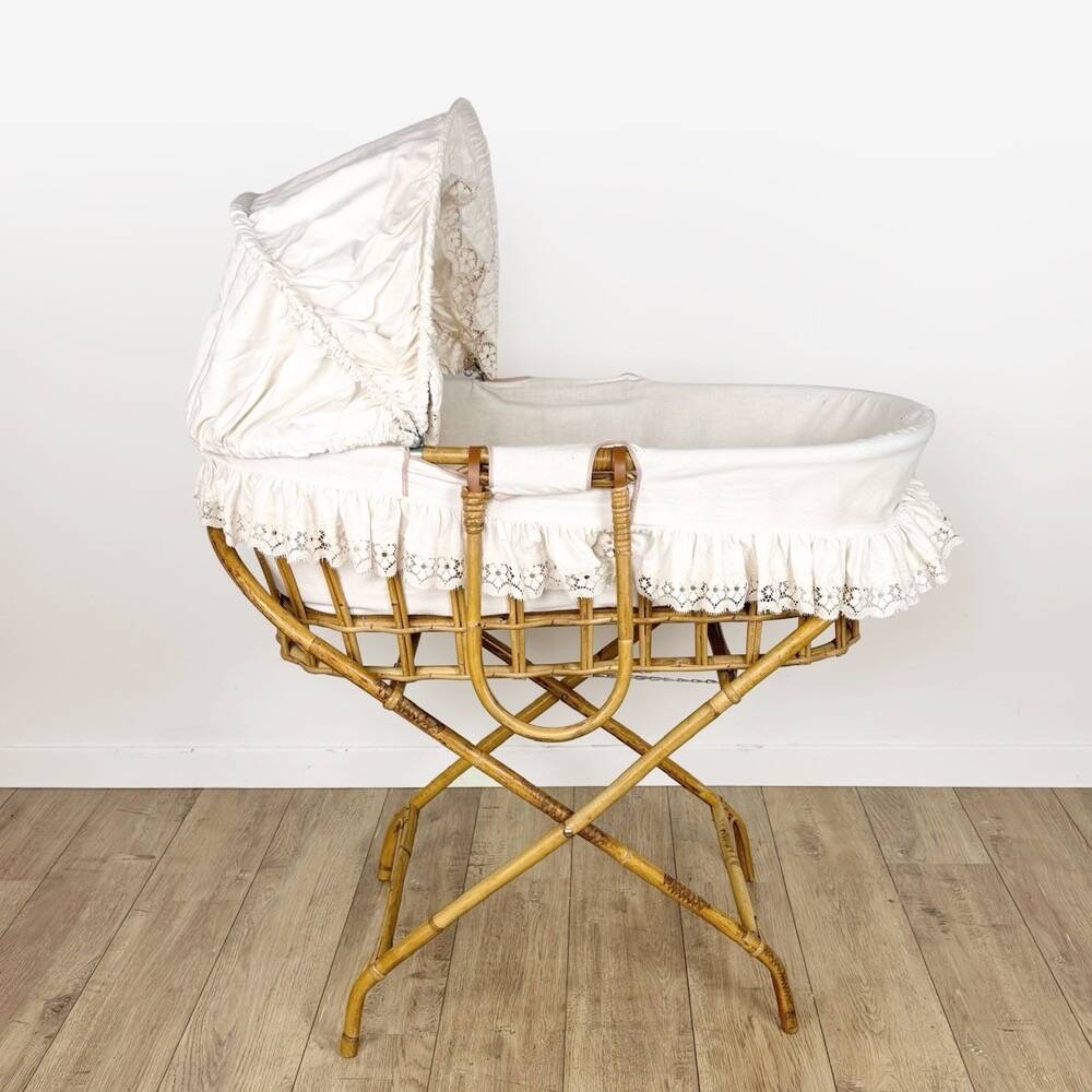 Bamboo bassinet on a stand, bohemian 1970s.