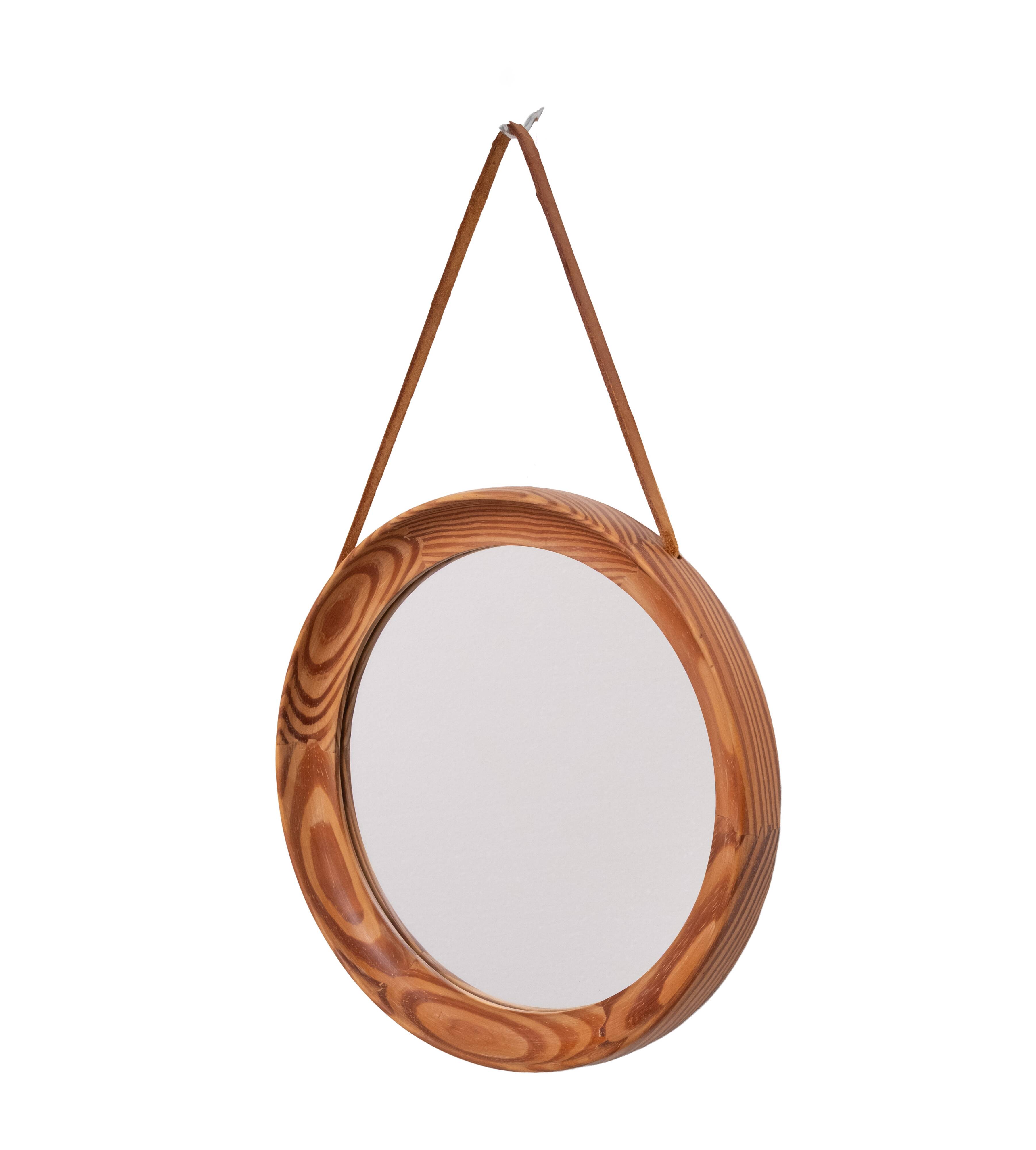 Uno & Östen Kristiansson Solid Pine round Wall Mirror Sweden 1960s