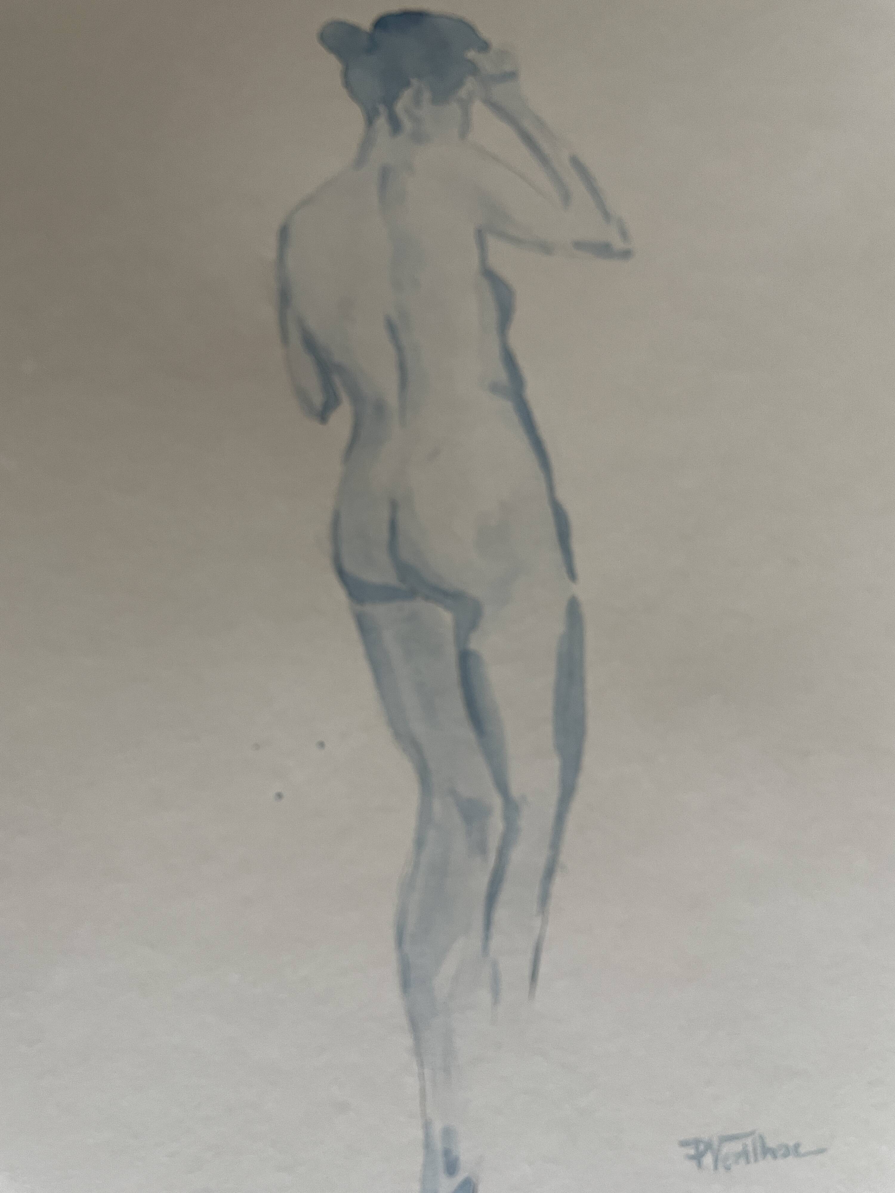 Blue watercolor painting signed female nude