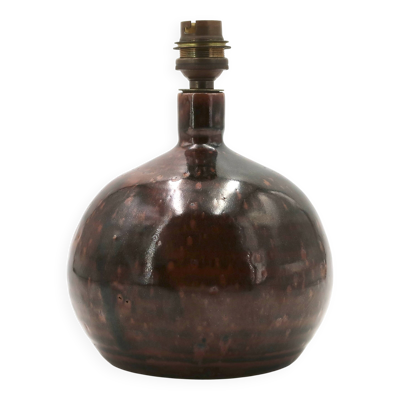 Pied de lampe boule en grès marron de Guy Baudat, années 70