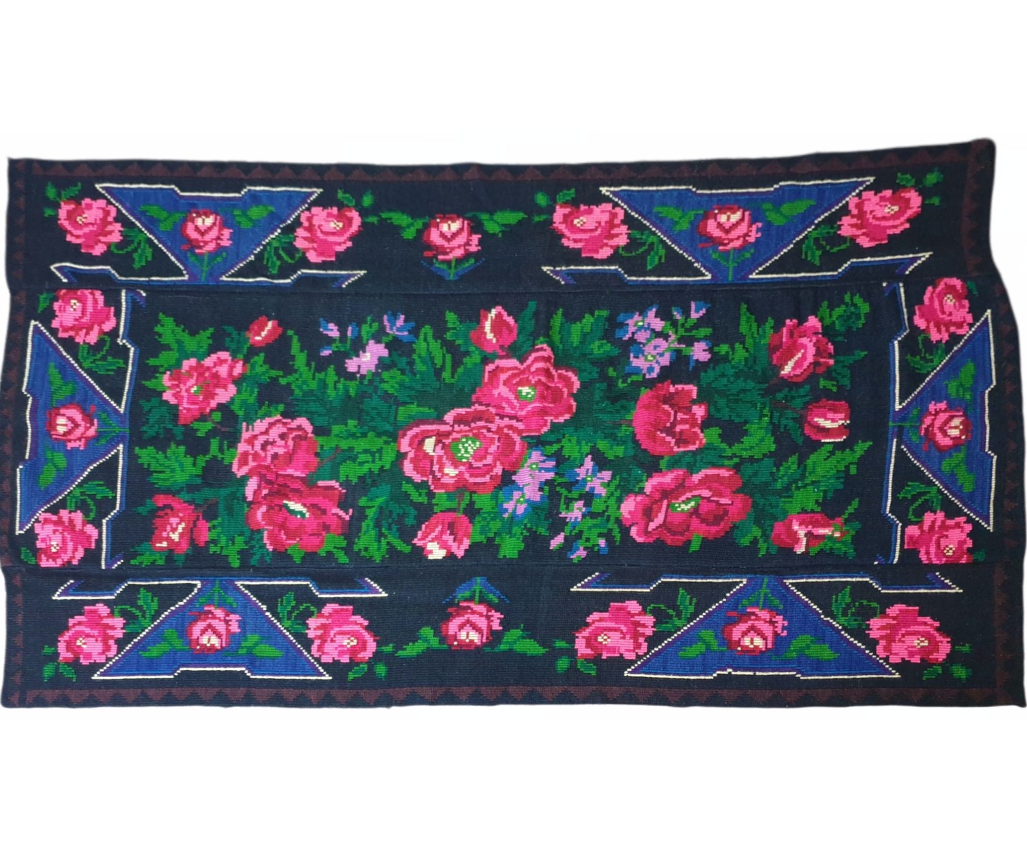 Tapis en laine florale tissée à la main fond noir avec roses roses