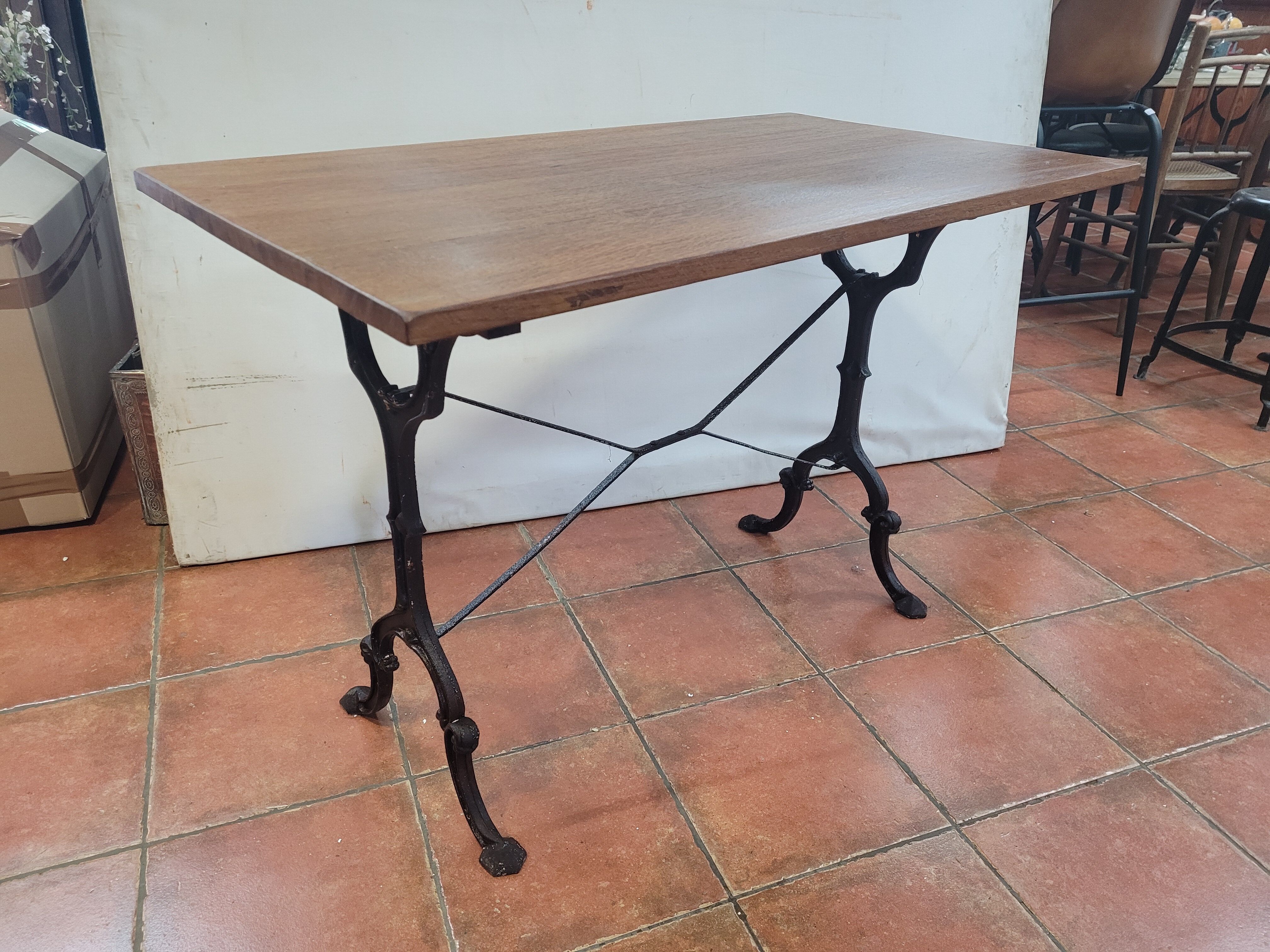 Bistro table base cast iron over oak