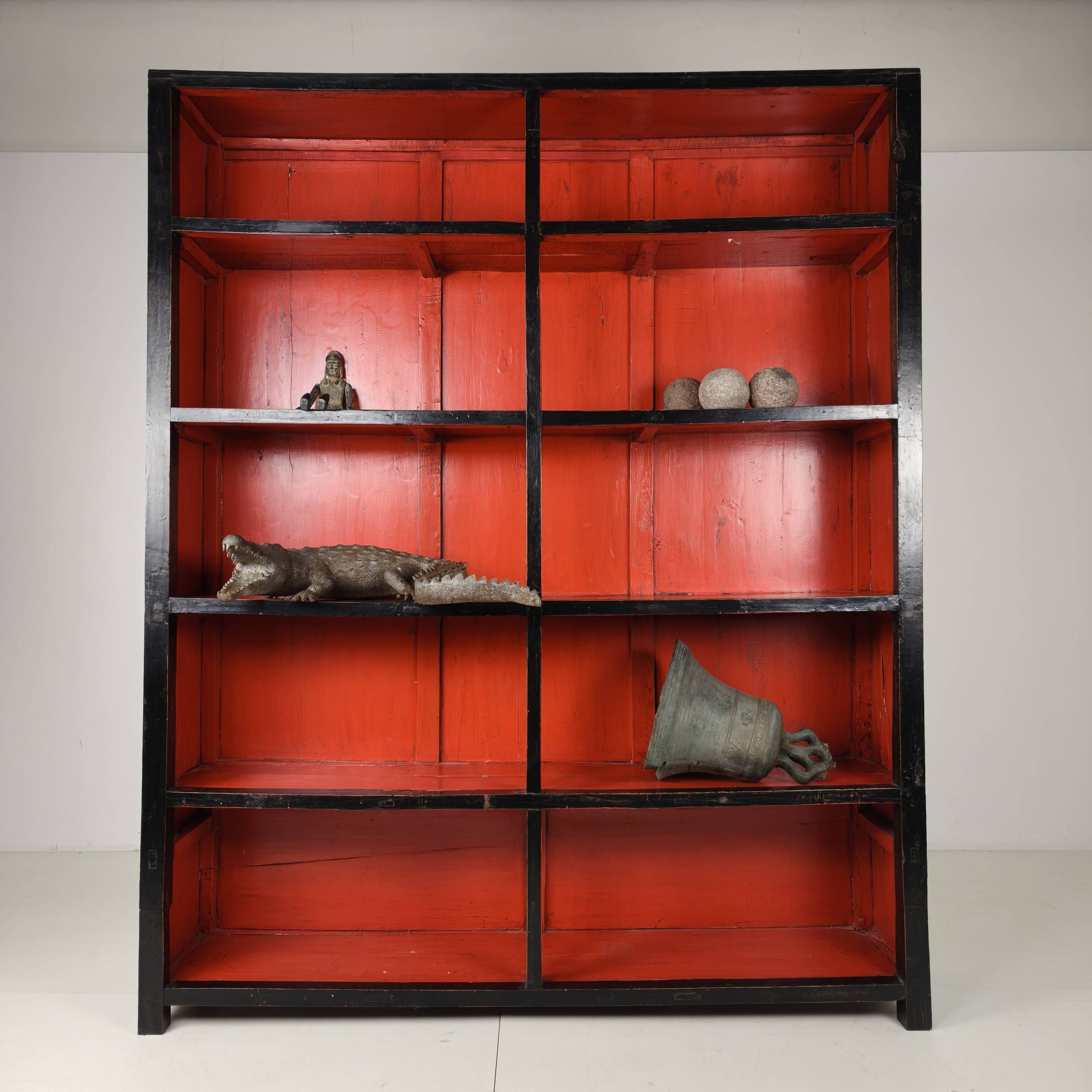Antique Chinese Display Cabinet / Open Bookcase with Red Lacquer Interior