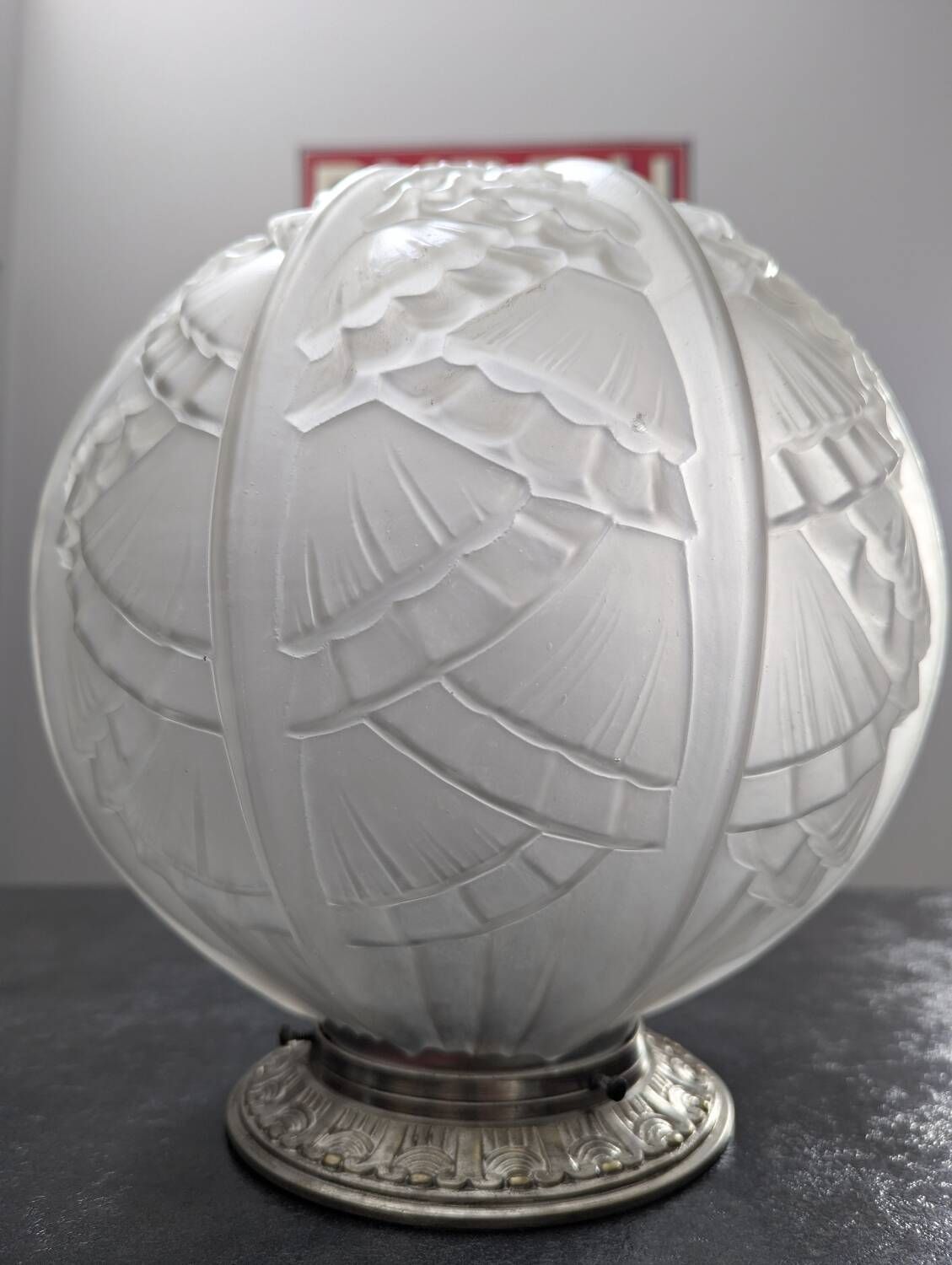 Antique large globe ceiling light, pressed glass, by Hettier & Vincent