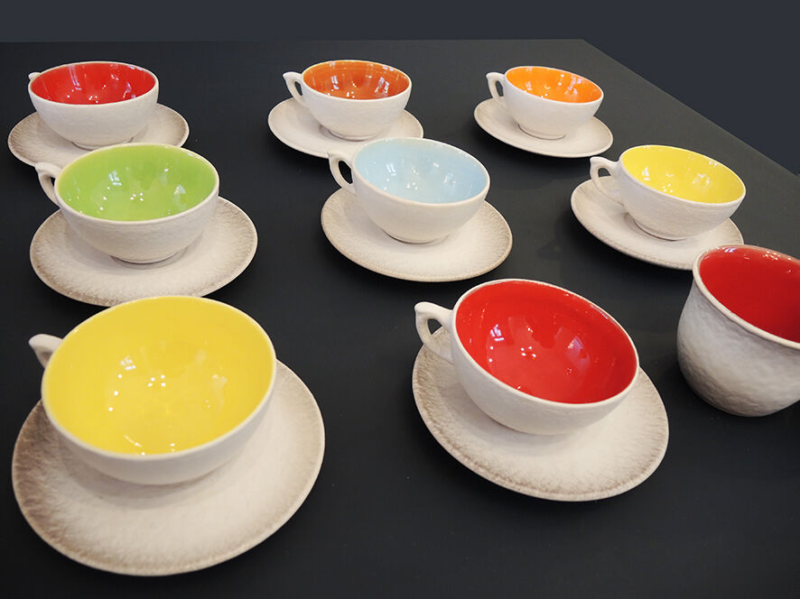 Former tea service in multicolored ceramics signed