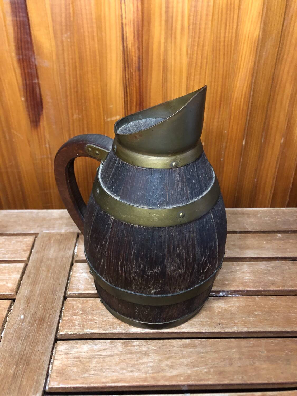 Old Wooden Pitcher + Vintage Brass Strapping