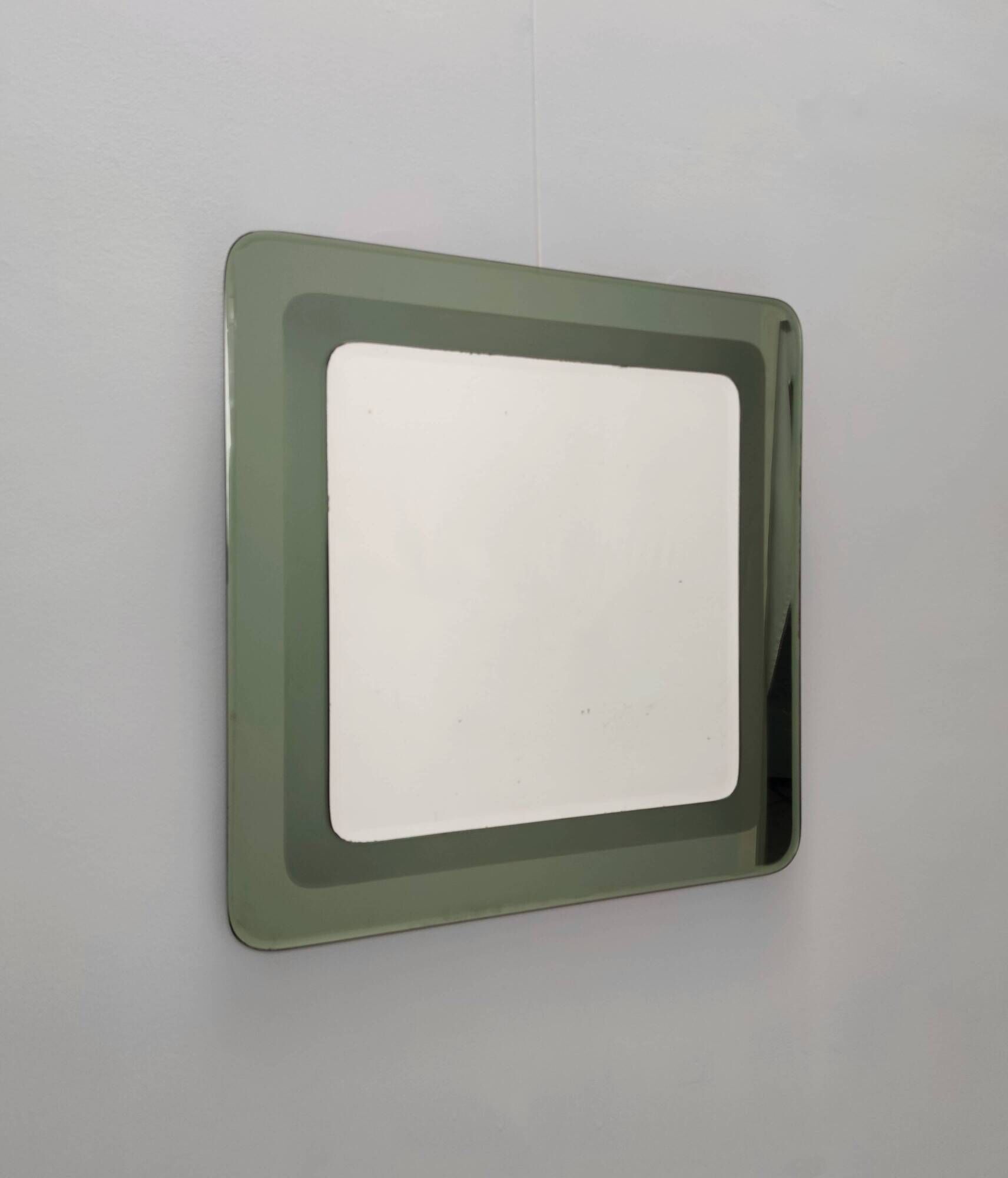 Postmodern square wall mirror with an army green beveled glass frame, Italy