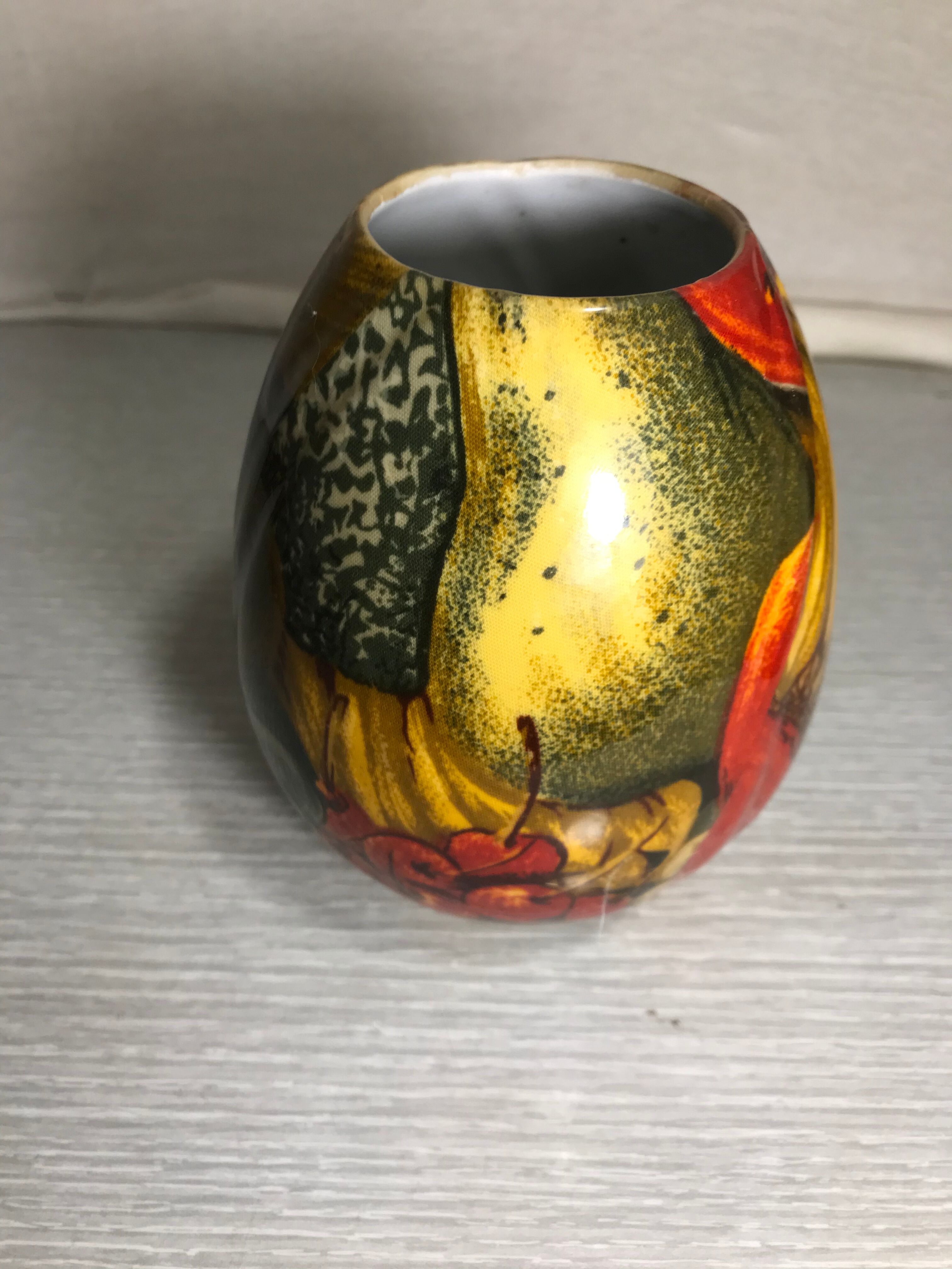 Old ceramic ball vase enamelled drawing fruits interior white vintage