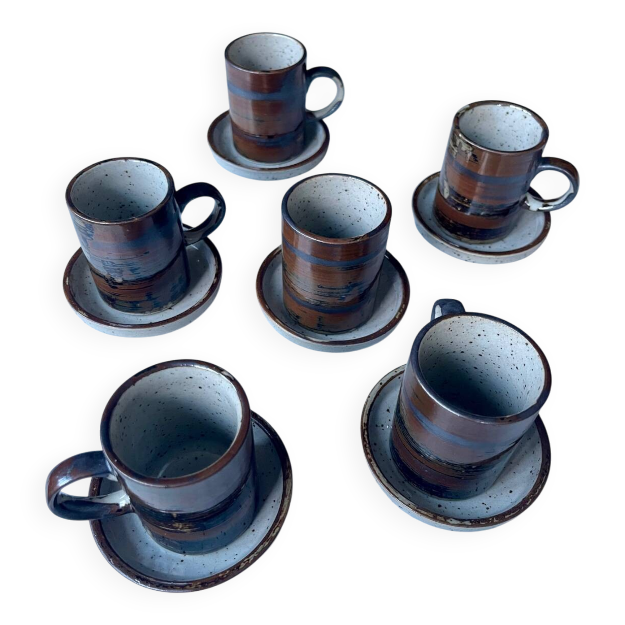 Vintage rustic stoneware coffee set – 6 cups + 6 saucers
