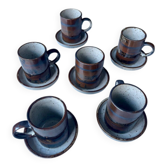 Service à café vintage en grès rustique – 6 tasses + 6 sous-coupes