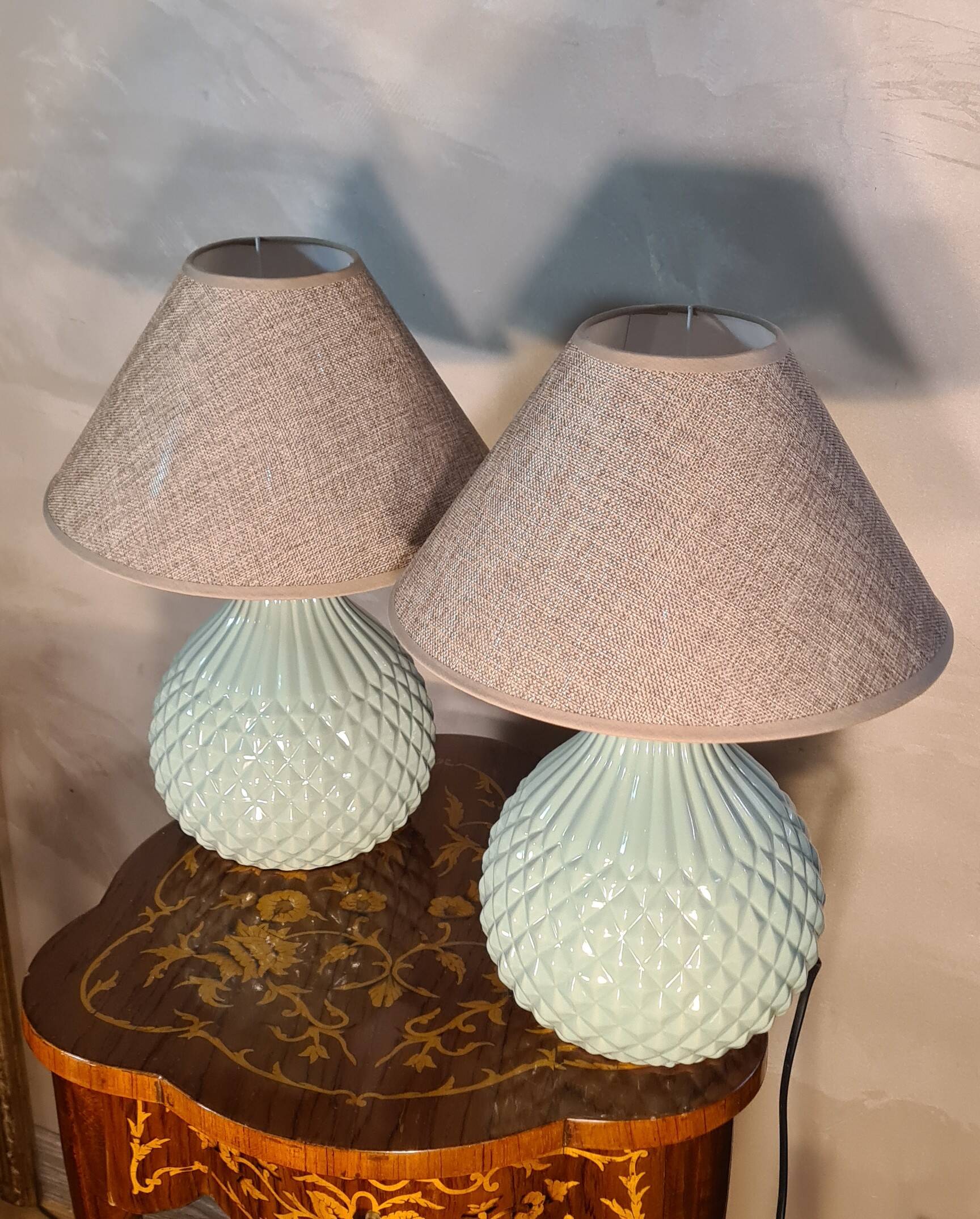 Pair of italian style electric ceramic lamps and new lampshades 43x38