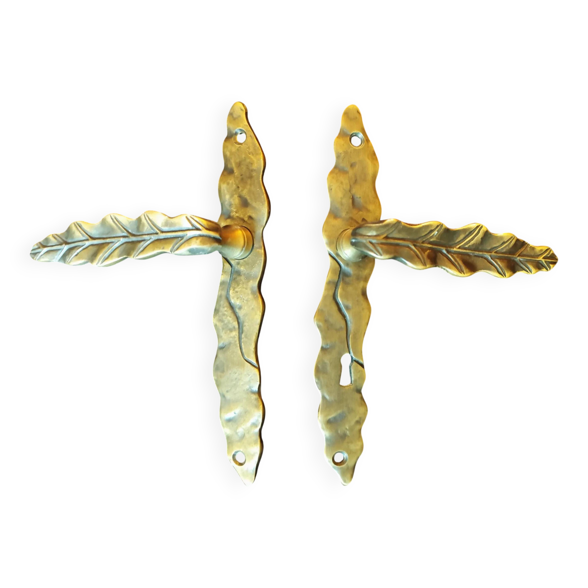 Pair of brass door handles with their cover plates
