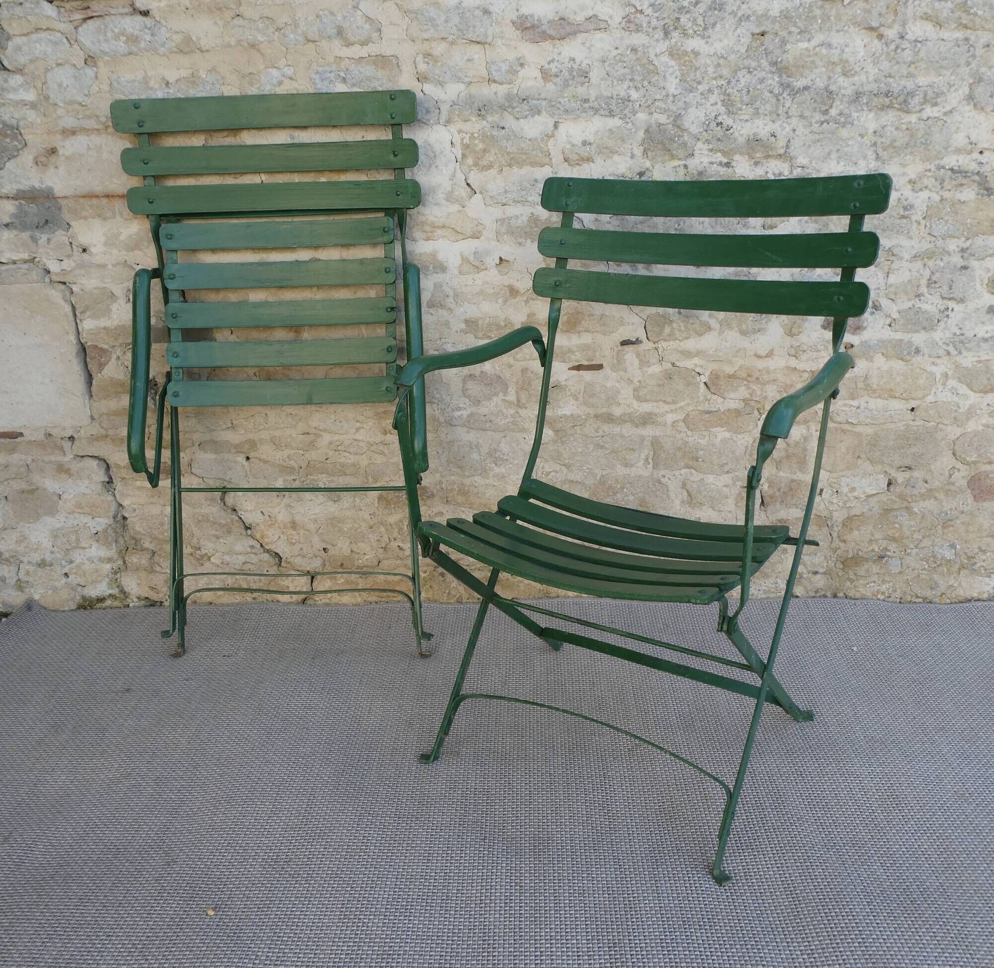 Pair of garden chairs, metal with wooden slats, folding
