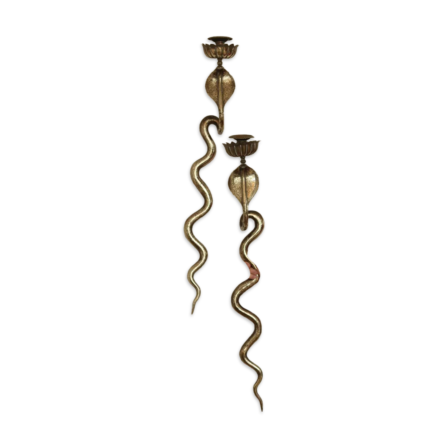 Pair of Neo-Egyptian Style Engraved Brass Wall Sconces Featuring Cobras