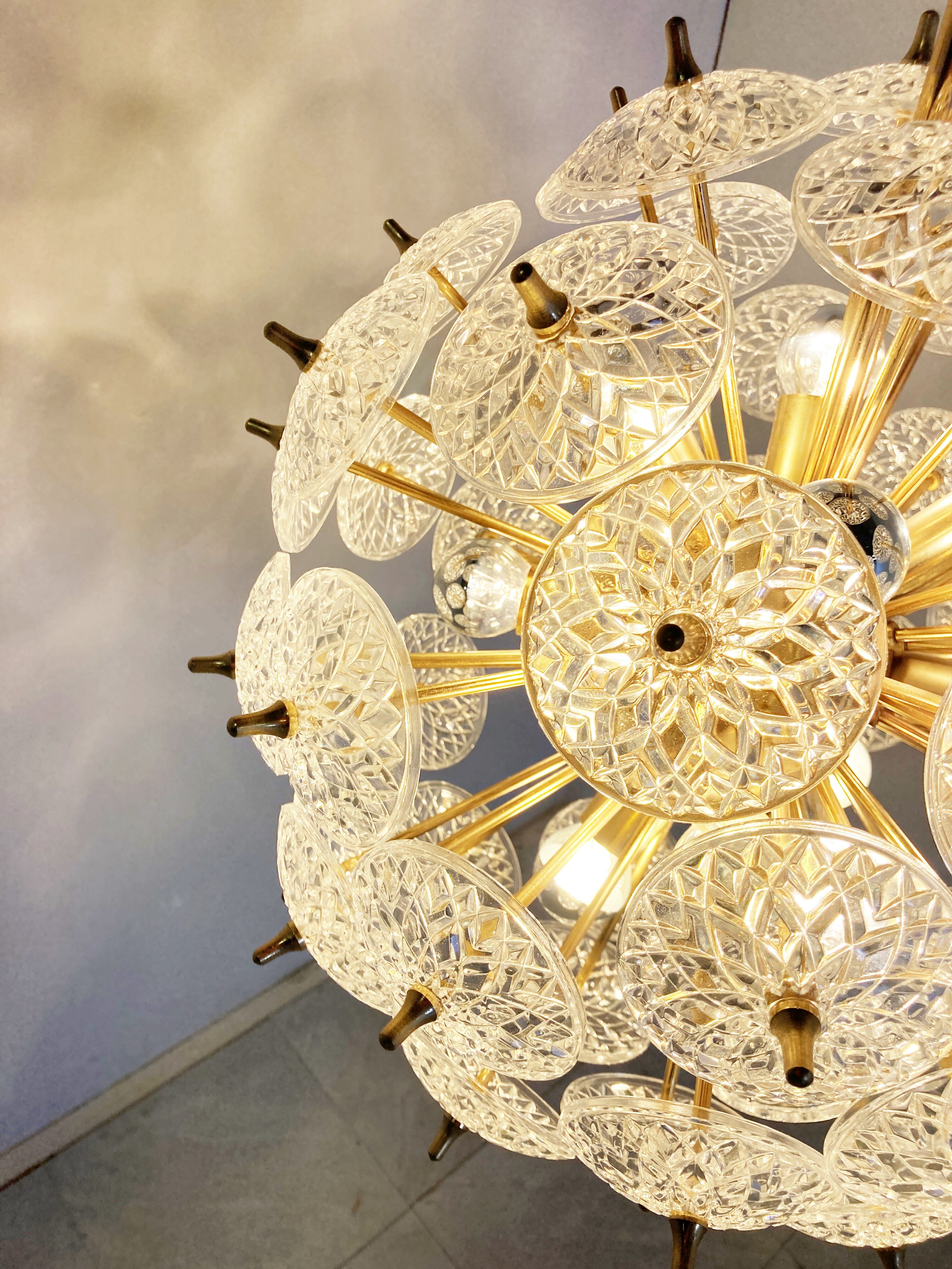 Mid century brass and crystal sputnik chandelier by Val saint lambert, 1960s