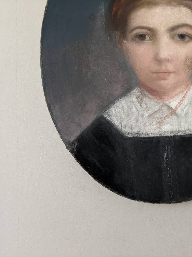 Antique pastel portrait of a young girl, oval painting, countryside decoration, 19th century
