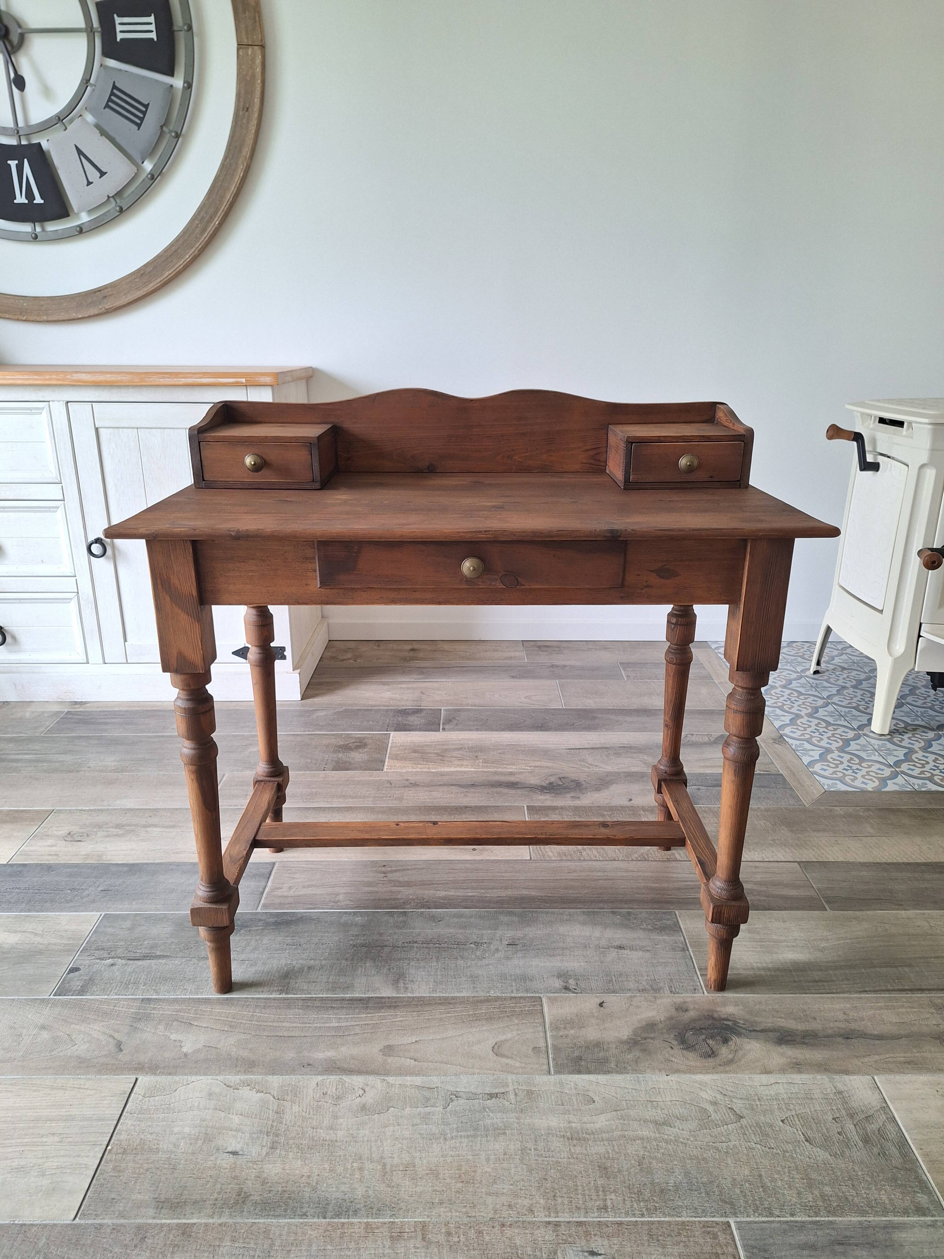 Antique solid wood desk with tiers – metal handles