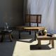 Small stool, rectangular solid teak side table with curved legs.