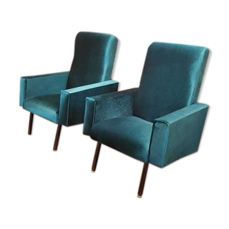 2 armchairs in Velvet in green seventies