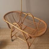 Vintage rattan cradle bassinet on wheels retro Scandinavian design baby bed