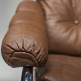 Swedish Lounge Chair and Ottoman in Chrome and Brown Leather by Scapa Rydaholm, 1960s, Set of 2
