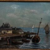 Oil on panel marine scene signed 20th century gilt leaf frame