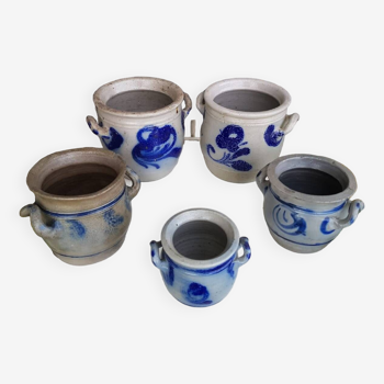Lot of 5 old vintage alsace blue stoneware pots #a683