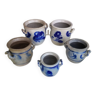 Lot of 5 old vintage alsace blue stoneware pots #a683