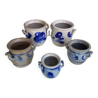 Lot de 5 anciens pots en grès bleu alsace vintage #a683