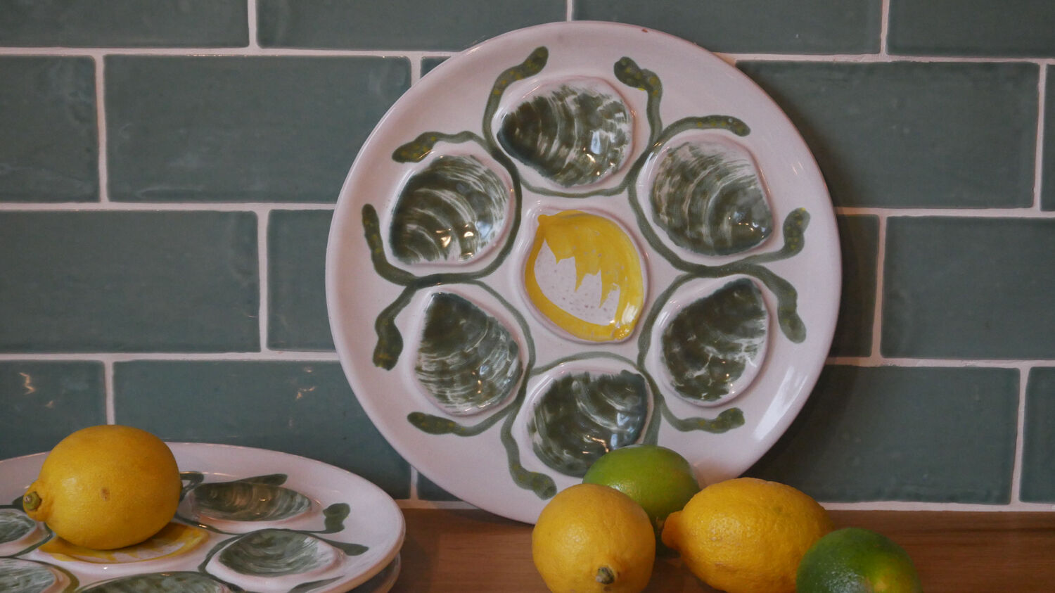 Set of 4 Belon earthenware oyster plates – 25 cm – yellow & green