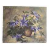 Ancien tableau ancienne huile sur toile nature morte vase de fleurs clématites signée P. Sorel