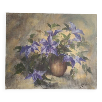 Old painting old oil on canvas still life vase of clematis flowers signed P. Sorel