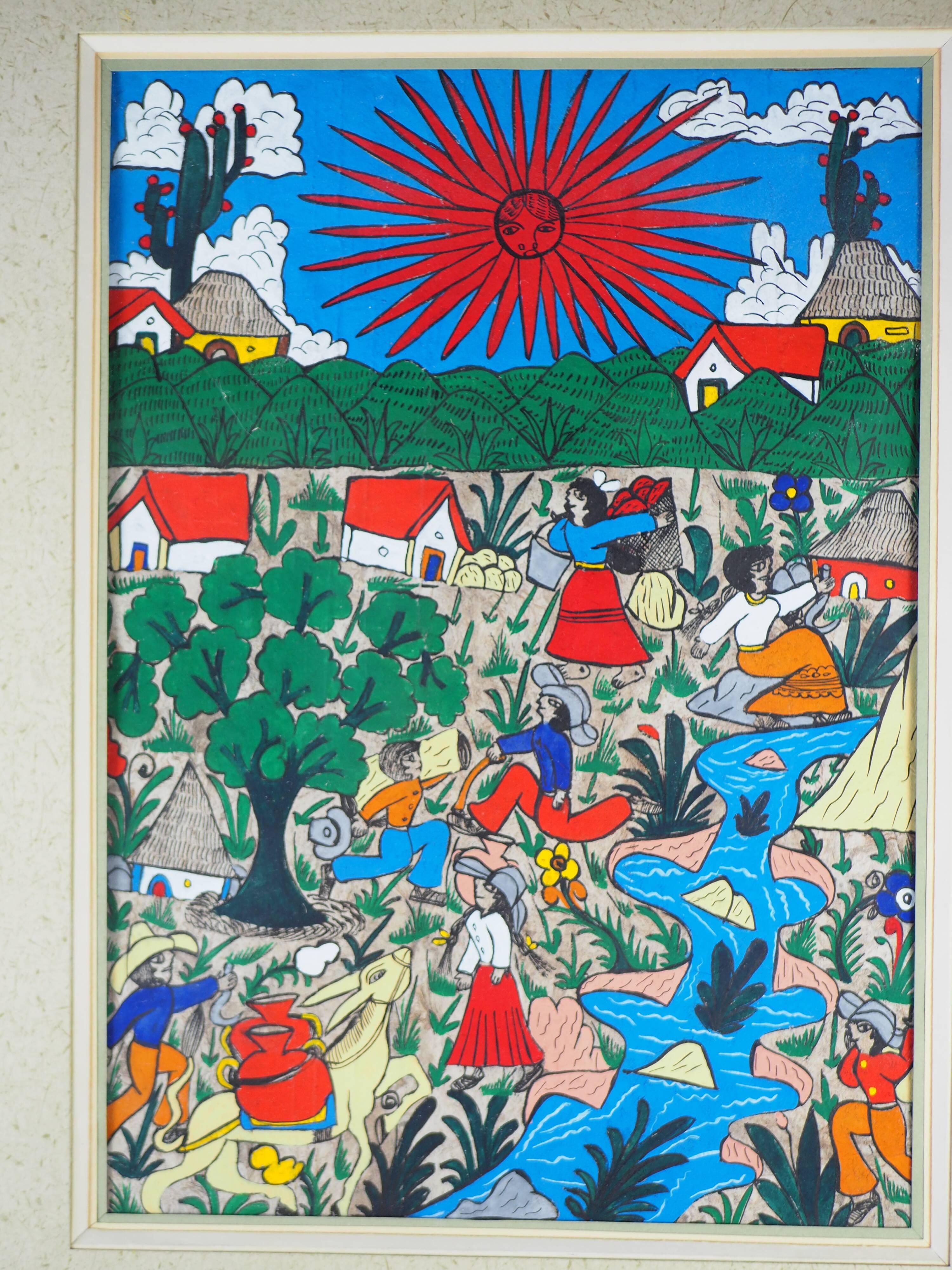 Peasants, river and donkey under a red sun - Mexican folk art - 1970s