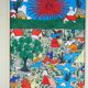 Peasants, river and donkey under a red sun - Mexican folk art - 1970s