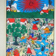 Peasants, river and donkey under a red sun - Mexican folk art - 1970s