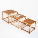 Set of three vintage nesting tables in cane. France, 1960s