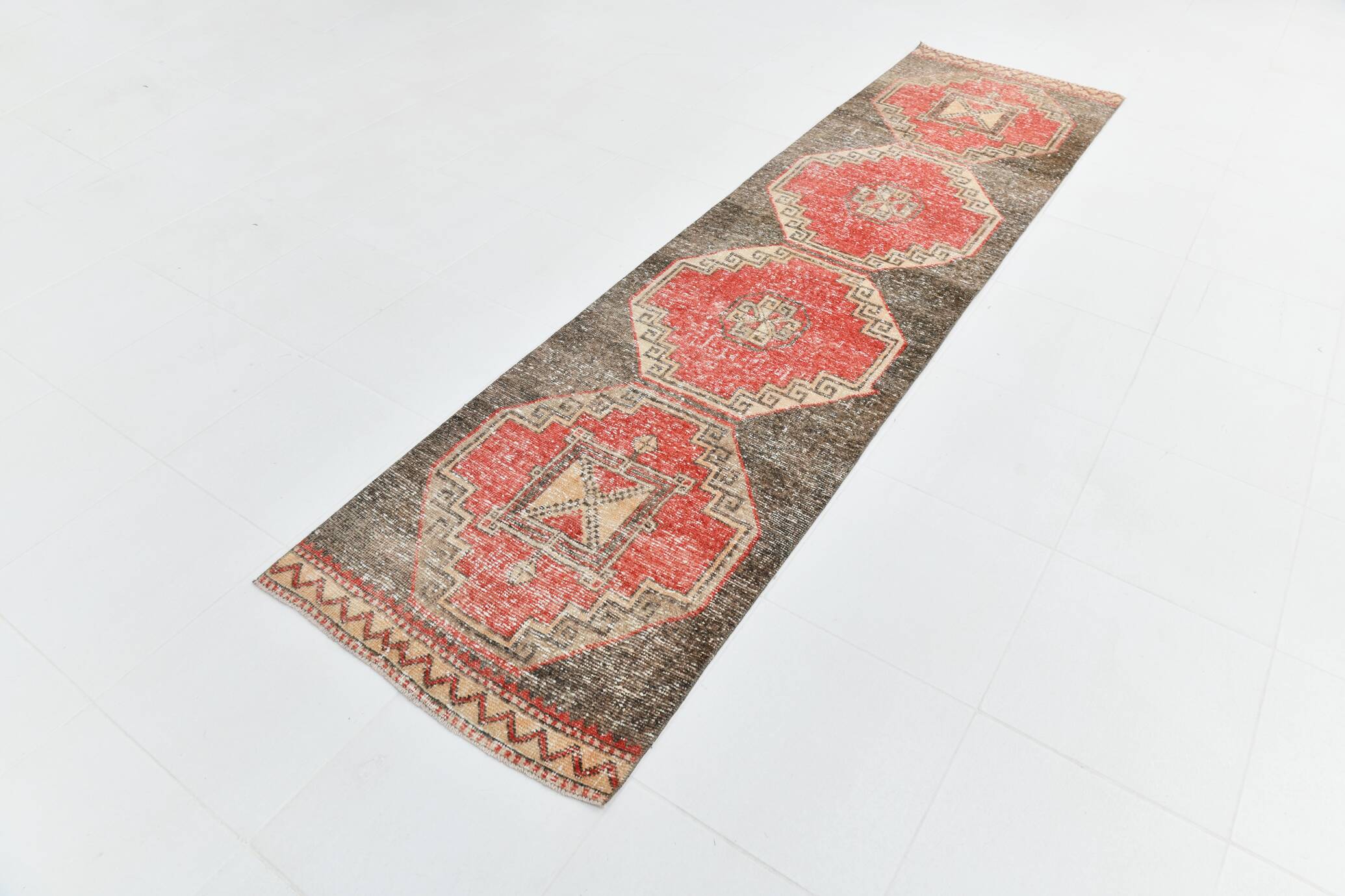 3x10 Red Brown Tribal Pattern Vintage Runner Rug, 78x305Cm