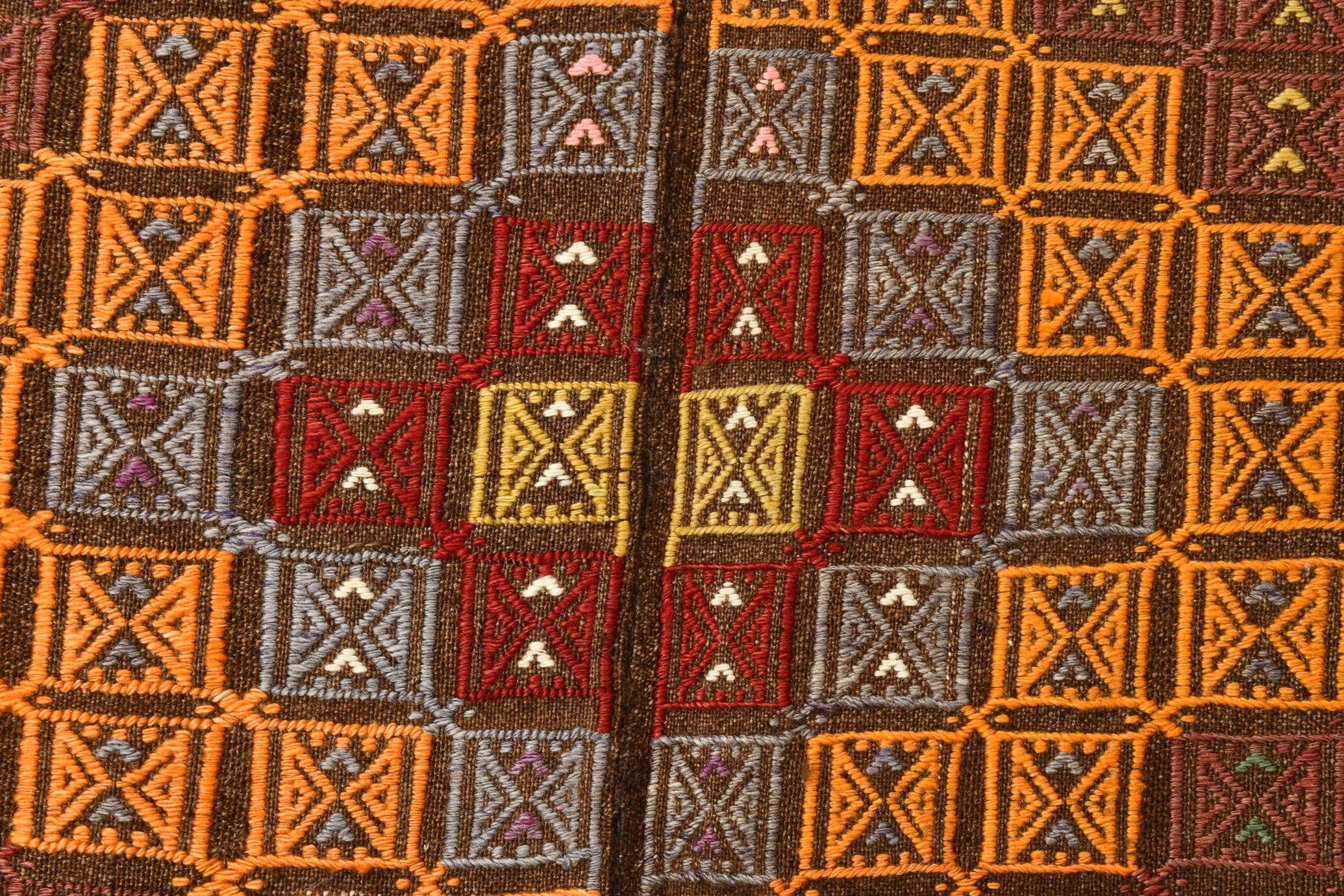 Deep Burgundy & Mustard Yellow Star Pattern Turkish Kilim Rug, 145x282 Cm