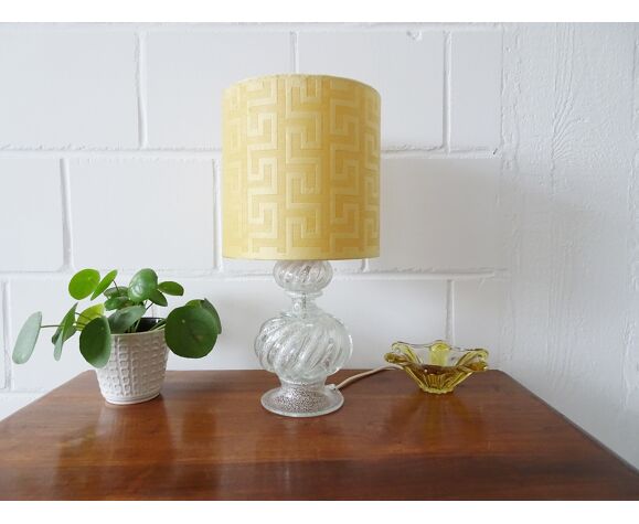 Murano Glas Tischlampe mit neuem Lampenschirm in gelb, große Tischleuchte |  Selency