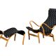 Fauteuil et pouf Bruno Mathsson Pernilla en bois de hêtre et sangles