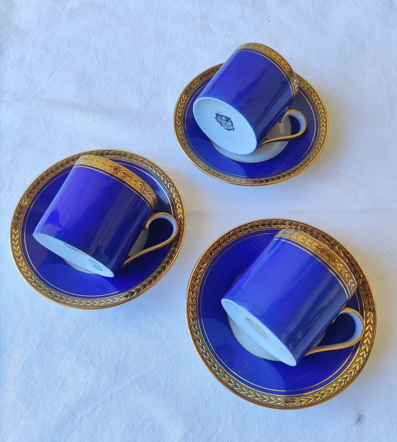 3 royal blue and gold cups and saucers - Royal Limoges porcelain