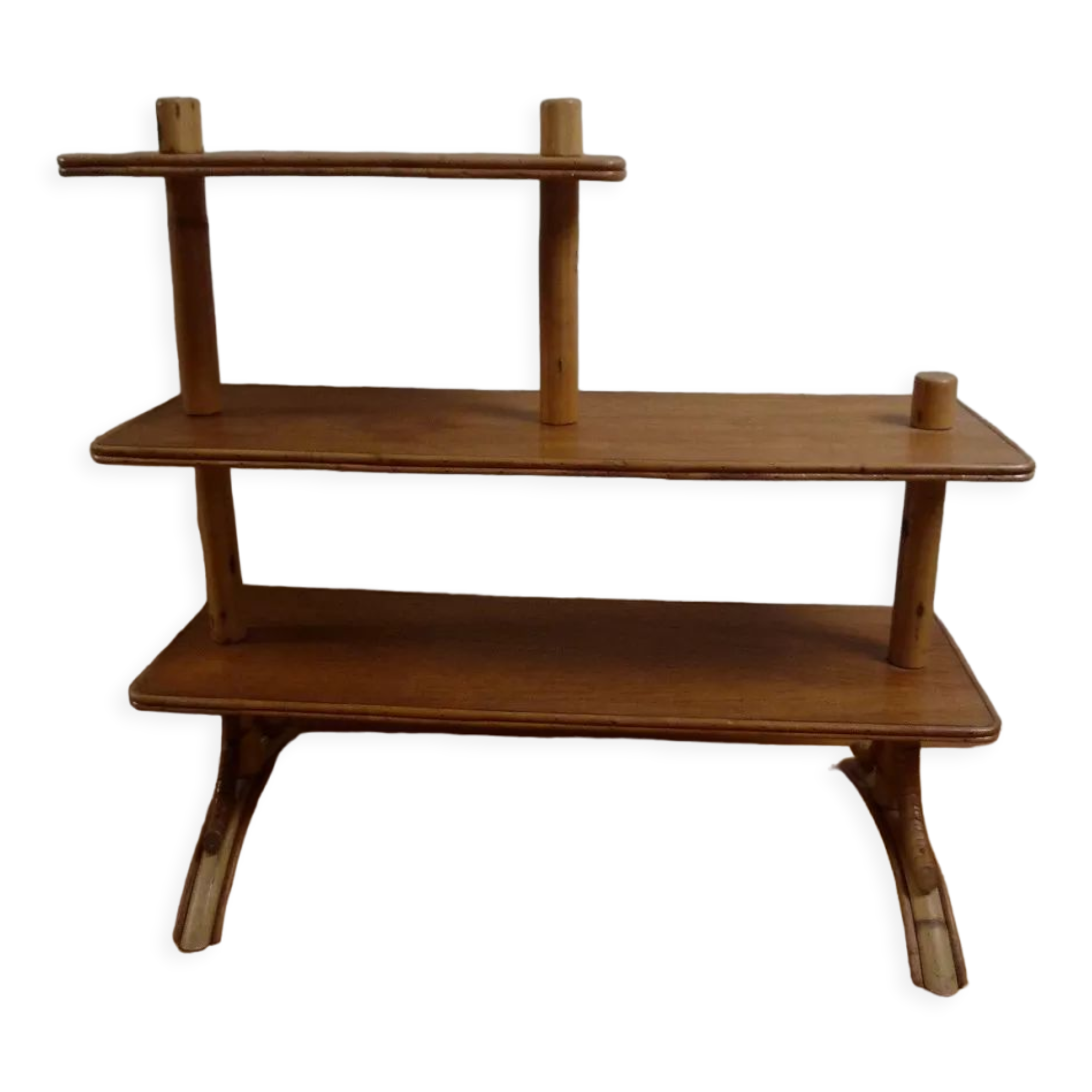 Asymmetrical rattan and wood shelf