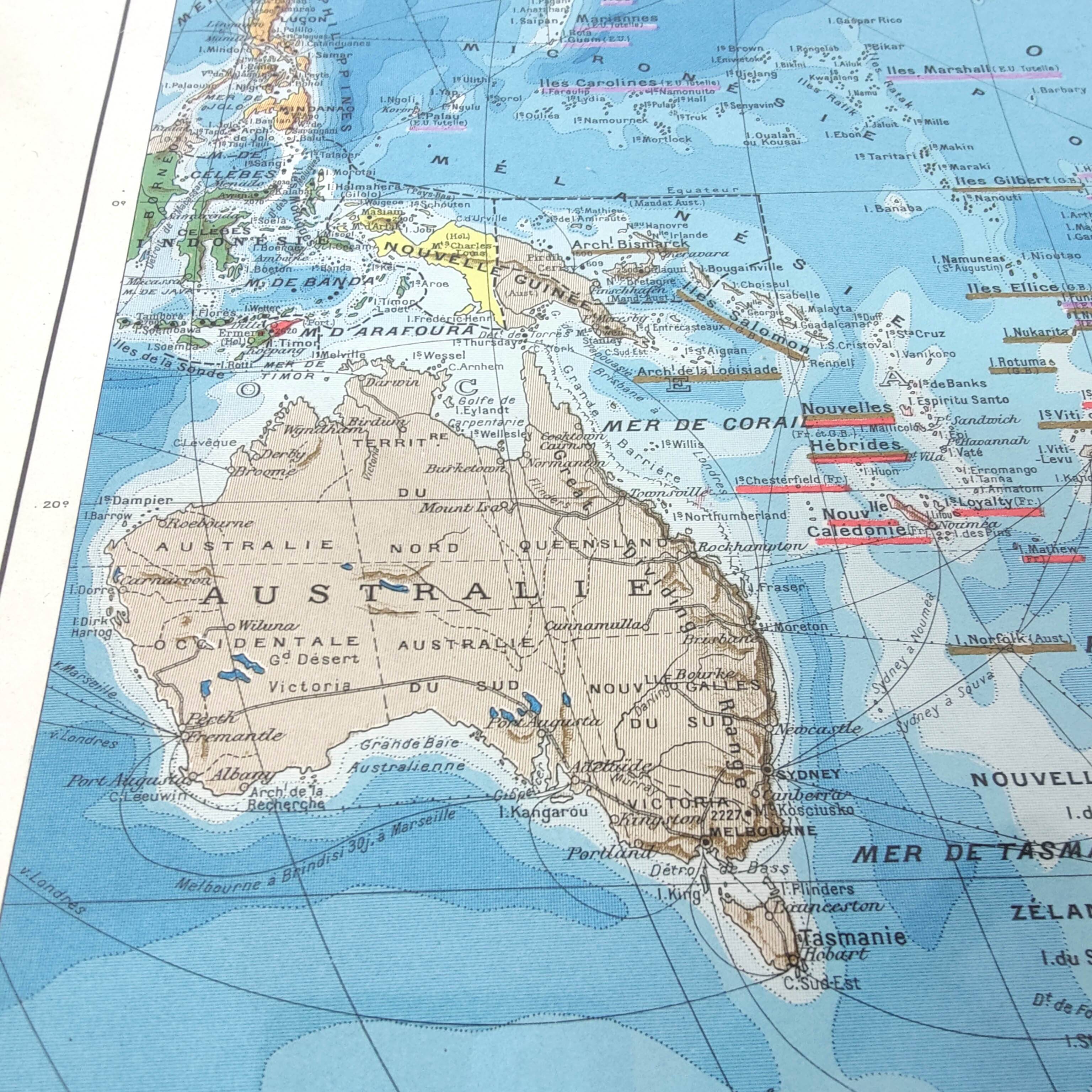 Vintage map Oceania Australia Japan 43x43cm from 1950